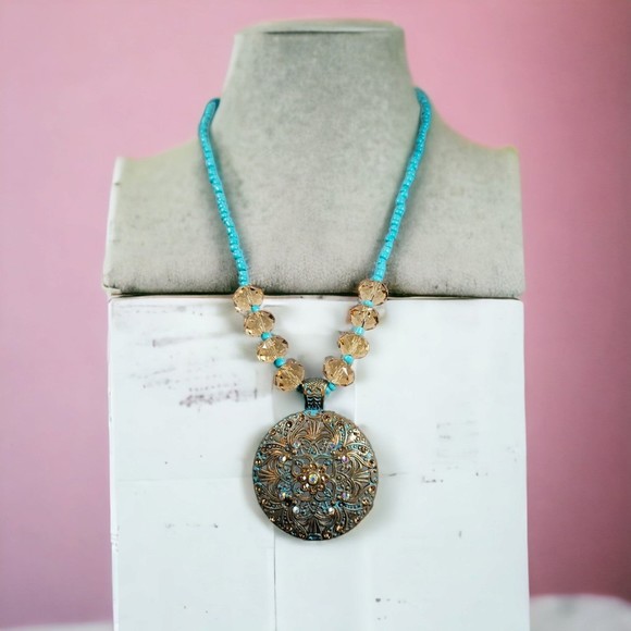 Bronze Statement Necklace Medallion Turquoise Champagne AB Bead Rhinestone - Picture 6 of 11